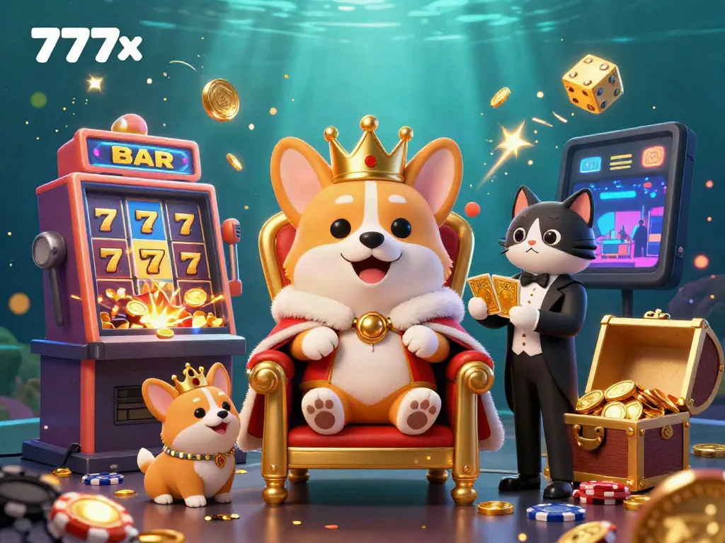 Experience the excitement of 777x with a royal corgi surrounded by vibrant casino elements, showcasing jackpot wins and gaming adventure.