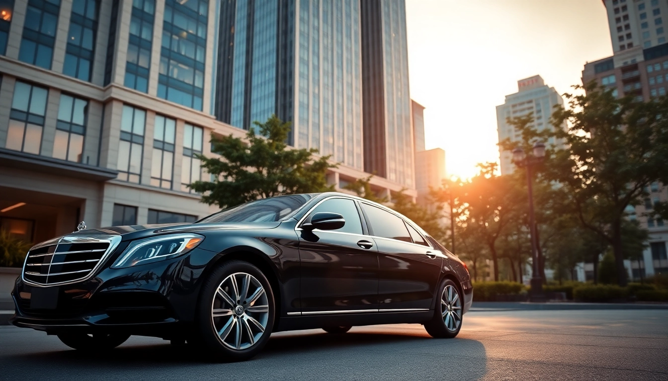 Showcasing a black car service vehicle outside a luxury hotel, exemplifying elegance.