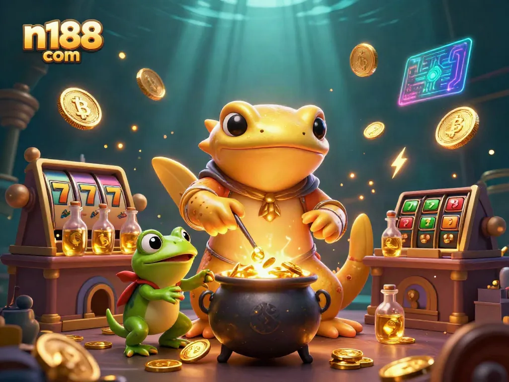 Experience n188 com's vibrant casino atmosphere filled with dynamic slot elements and gold glimmers.