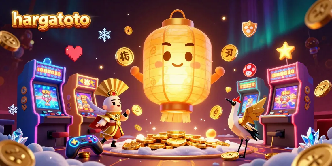 Engage with hargatoto's lively casino atmosphere featuring a golden lantern spirit among slot machines and vibrant game elements.