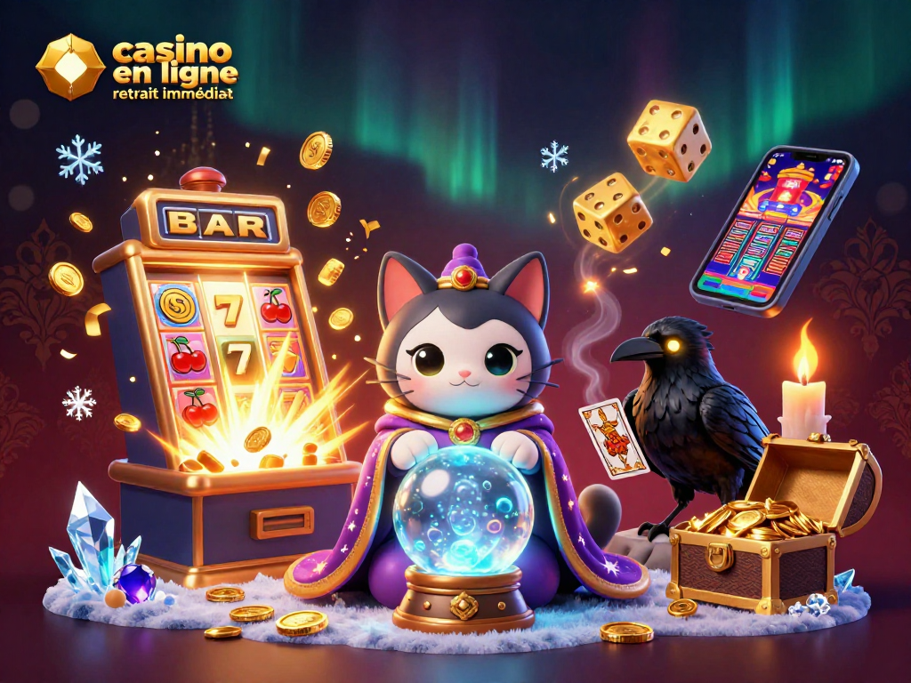 Jouez au casino en ligne retrait instantané avec cette illustration captivante de personnages mystiques et de jeux colorés.