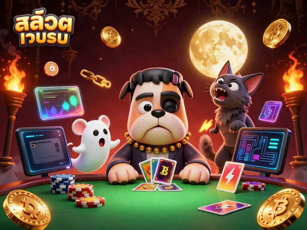 Engage with สล็อตทดลอง as a Frankenstein bulldog monster deals cards at a spooky casino table with neon crypto elements.