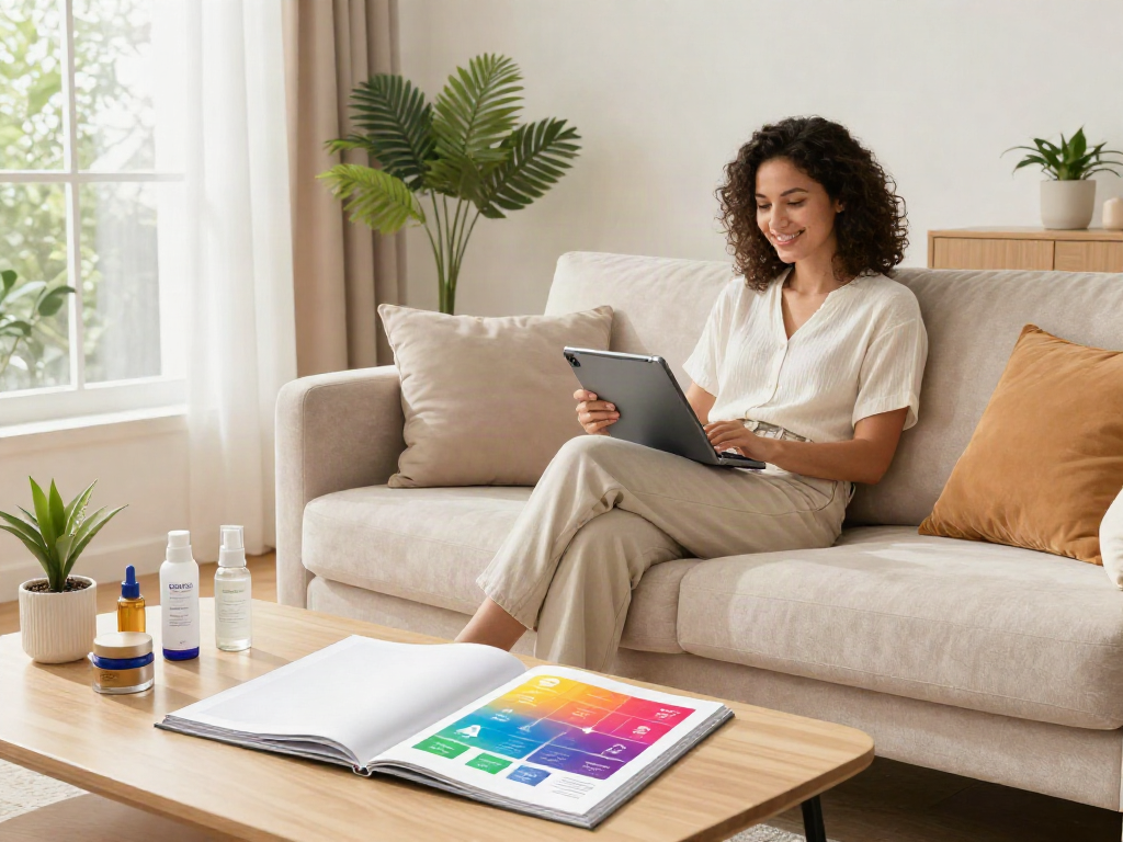 Explore alternatives to QOVES in a stylish living room, featuring skincare products and a tablet.