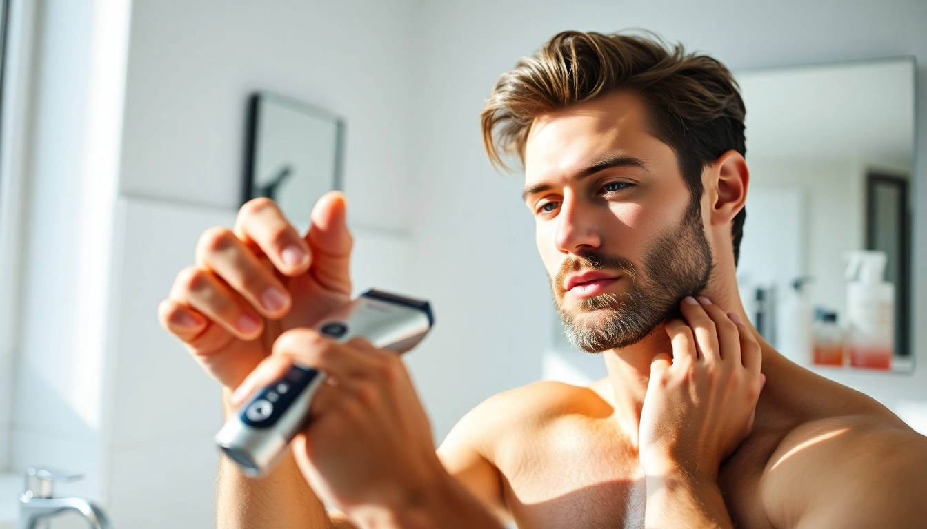 Man grooming with the best affordable electric shaver in a modern bathroom setting.