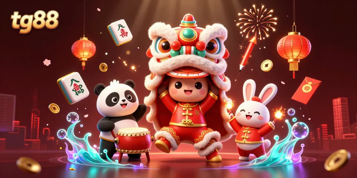 Experience exciting gameplay in tg88 with a vibrant scene of a lion dance, lanterns, and casino elements.