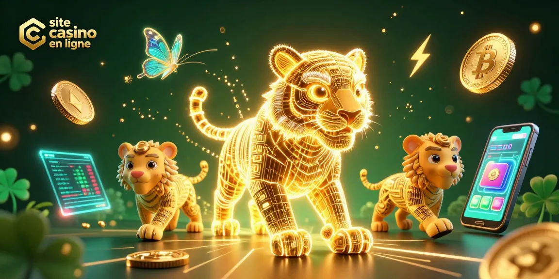 Découvrez un site casino en ligne animé par un tigre lumineux et des éléments crypto flottants.