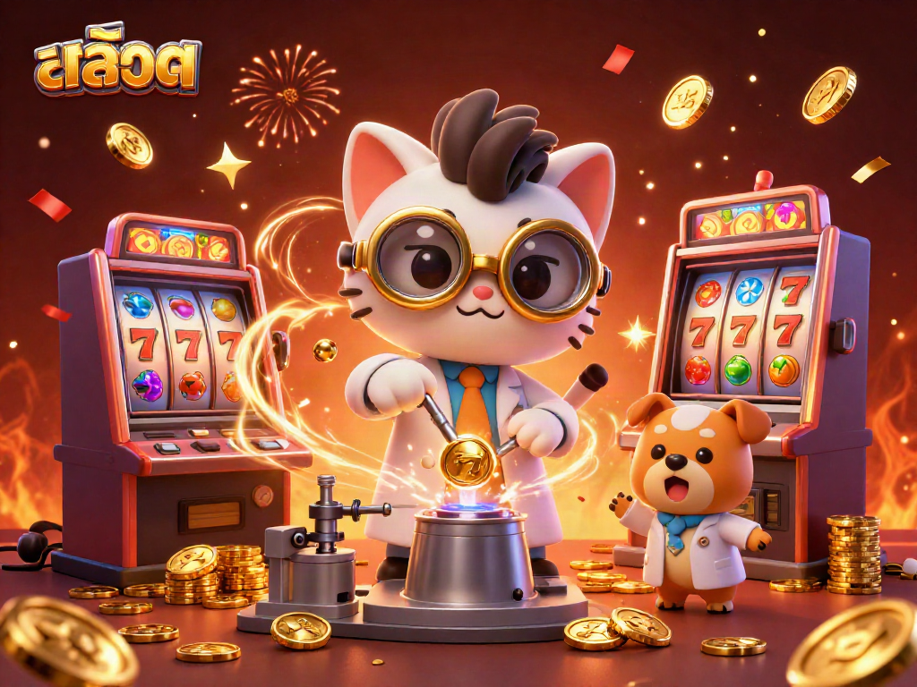 Play สล็อต slots with a cartoon scientist cat, golden coins, and vibrant jackpot reels.