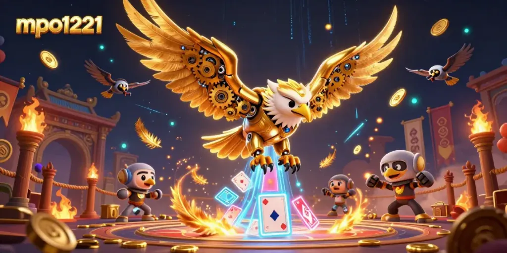 Experience high-stakes thrills with mpo1221 surrounded by iconic casino game elements in a vibrant 3D scene.