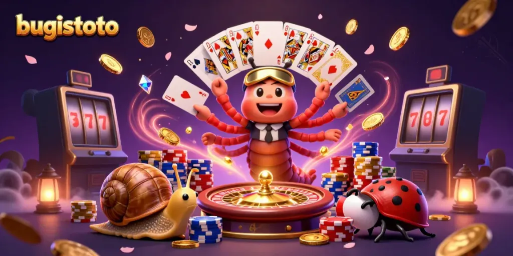Experience bugistoto's thrilling gaming action with a cartoon millipede dealer and high-roller snail in a vibrant casino scene.