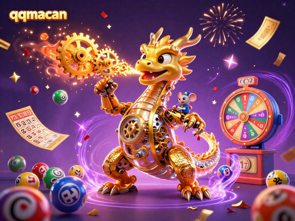 Engage with thrilling gambling action featuring qqmacan's animated lottery elements and a golden dragon illustration.