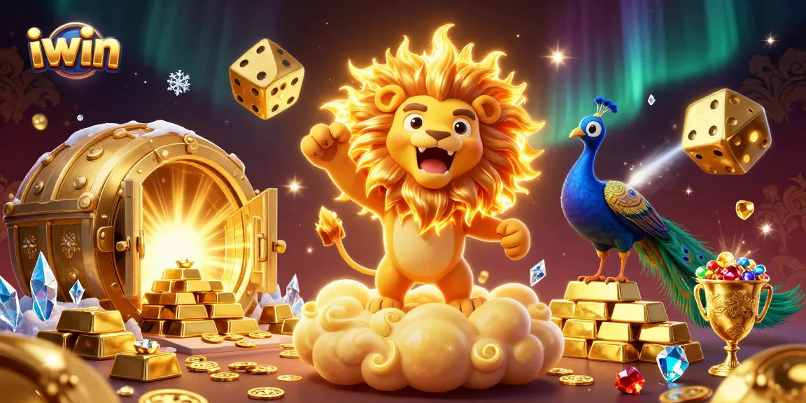 iwin brings luck in this rich, vibrant casino illustration featuring games and treasures.