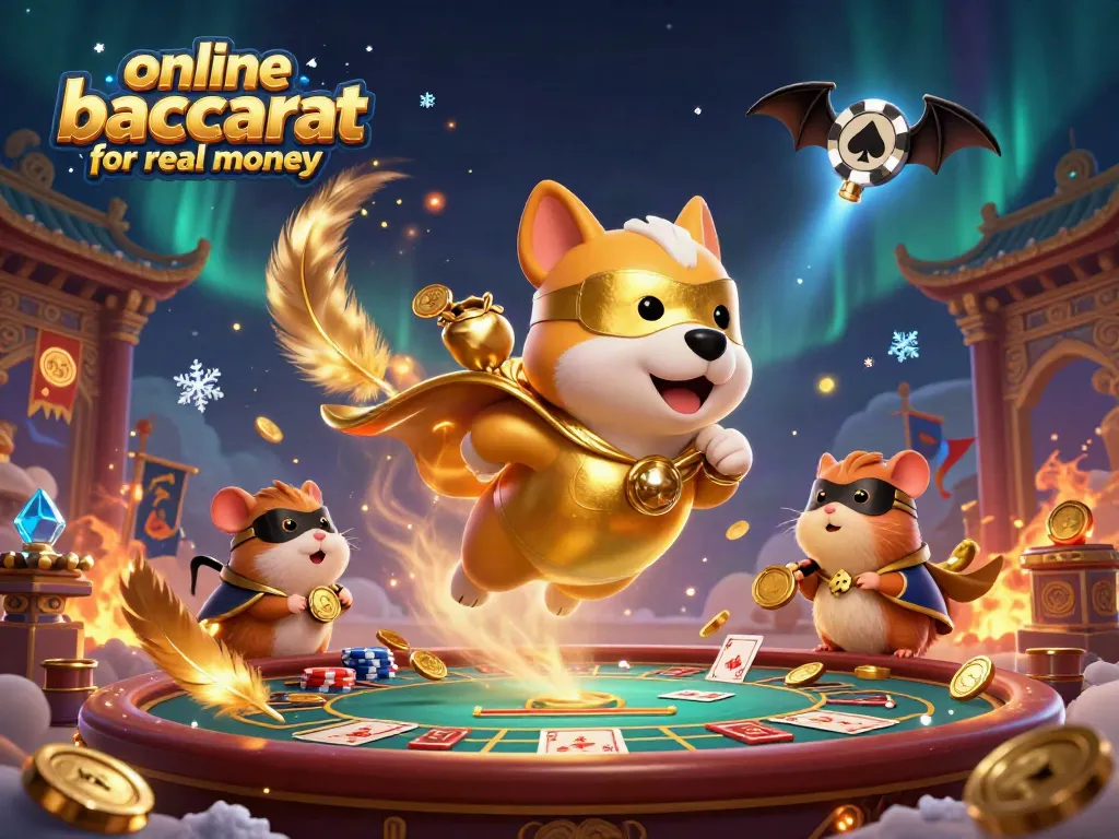 Experience the thrill of online baccarat for real money with an exciting scene featuring a superhero dog and sidekick.