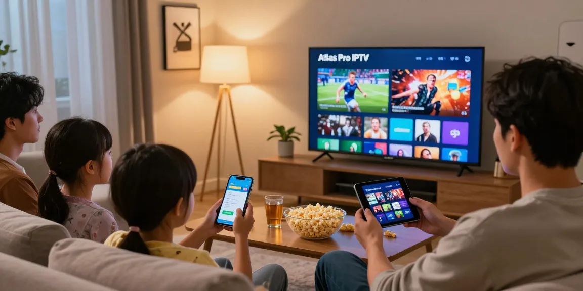 Family enjoying atlas pro iptv streaming on TV in cozy living room.