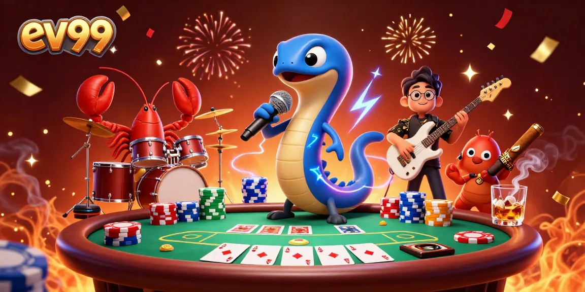 ev99 electric eel DJ performs at an underwater casino with poker tables and festive decor