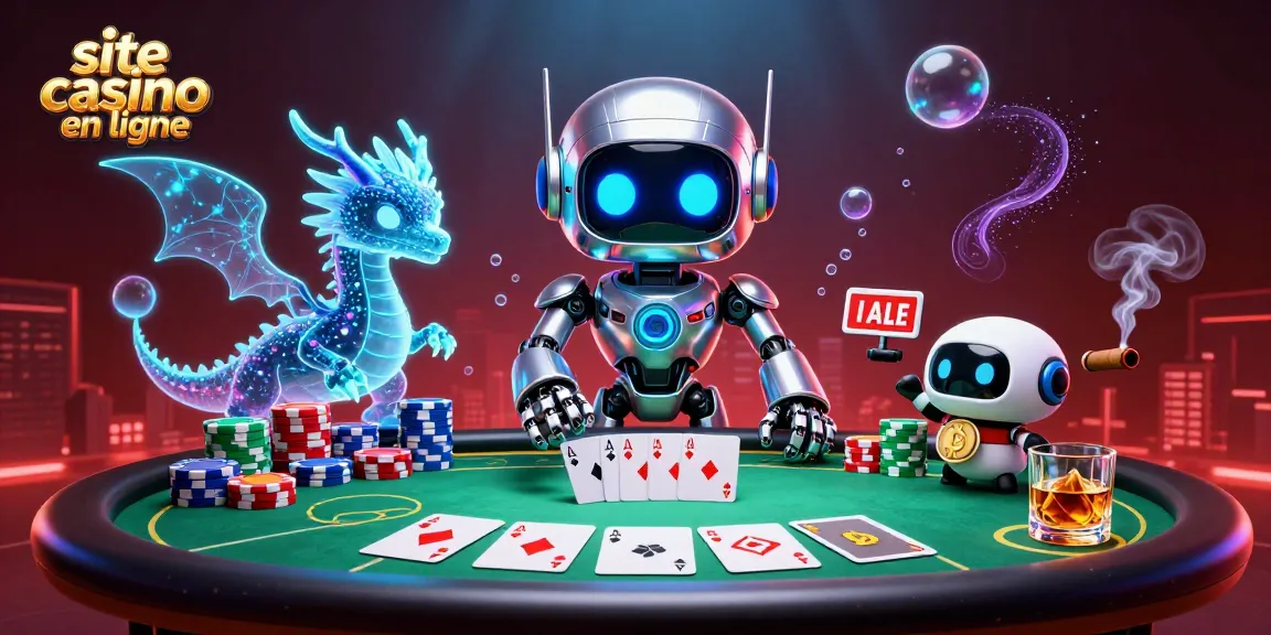 Illustration dynamique sur un site de casino en ligne avec un robot cyberpunk et un dragon holographique.