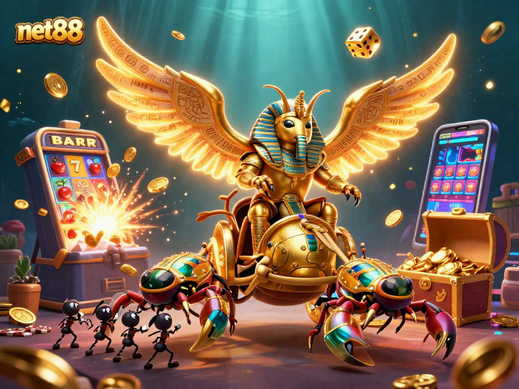 Engage with net88's mesmerizing casino world featuring a golden scarab beetle in pharaoh armor amidst dynamic game elements.