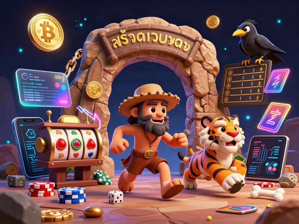 Engage with สล็อตเว็บตรง in a vibrant casino scene featuring cavemen, crypto elements, and thrilling slot reels.