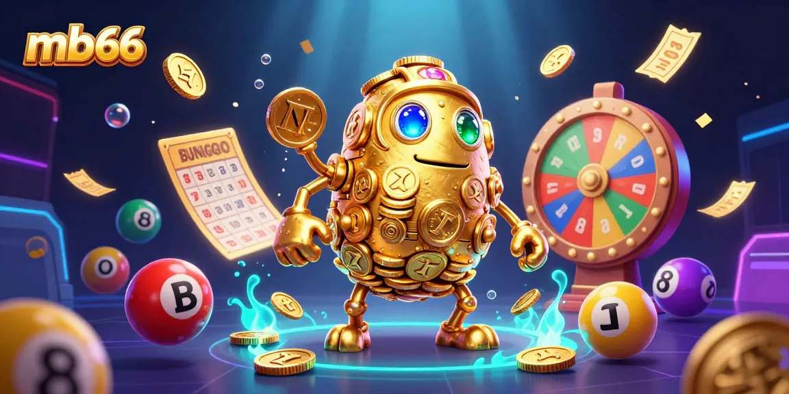 Engage with the captivating world of mb66, featuring a golden golem surrounded by colorful lottery elements.