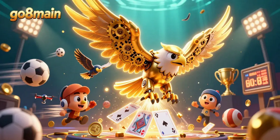 Experience thrilling moments with go8main as a golden eagle darts through vibrant cards and sports elements.