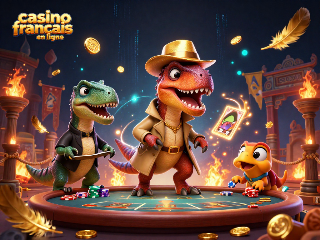 Illustration de casino francais en ligne avec un velociraptor au blackjack, une ambiance immersive.