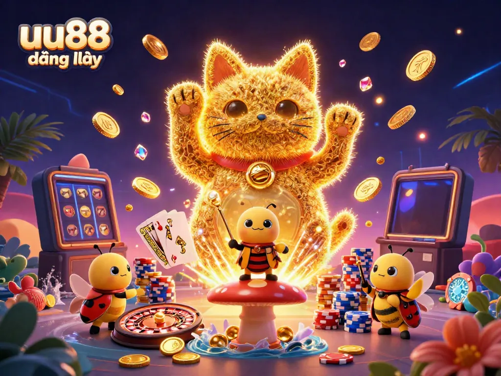 Engage with the dynamic world of uu88 đăng nhập, featuring lucky cat shapes and casino symbols in a vibrant 3D scene.