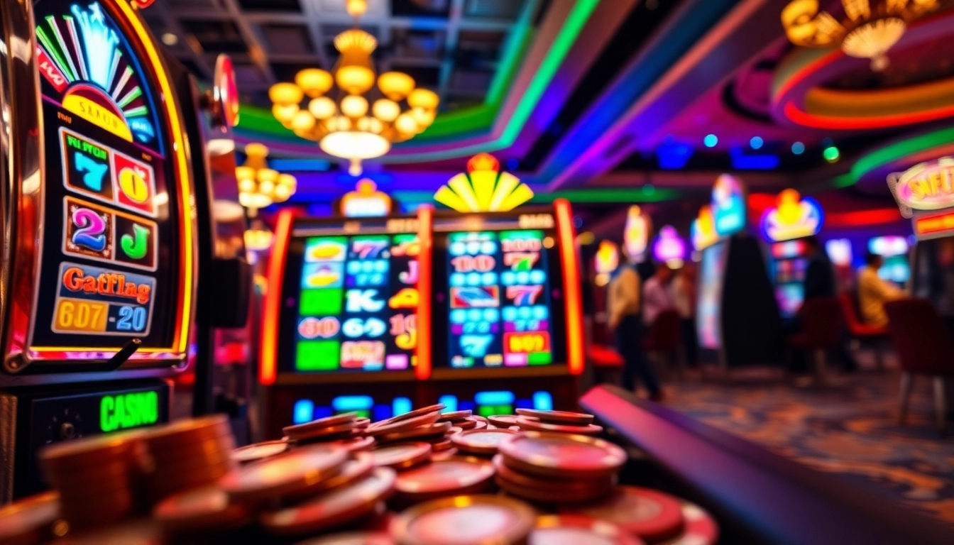 Menang di situstogel88 dengan slot mesin berwarna-warni dan suasana kasino yang meriah.