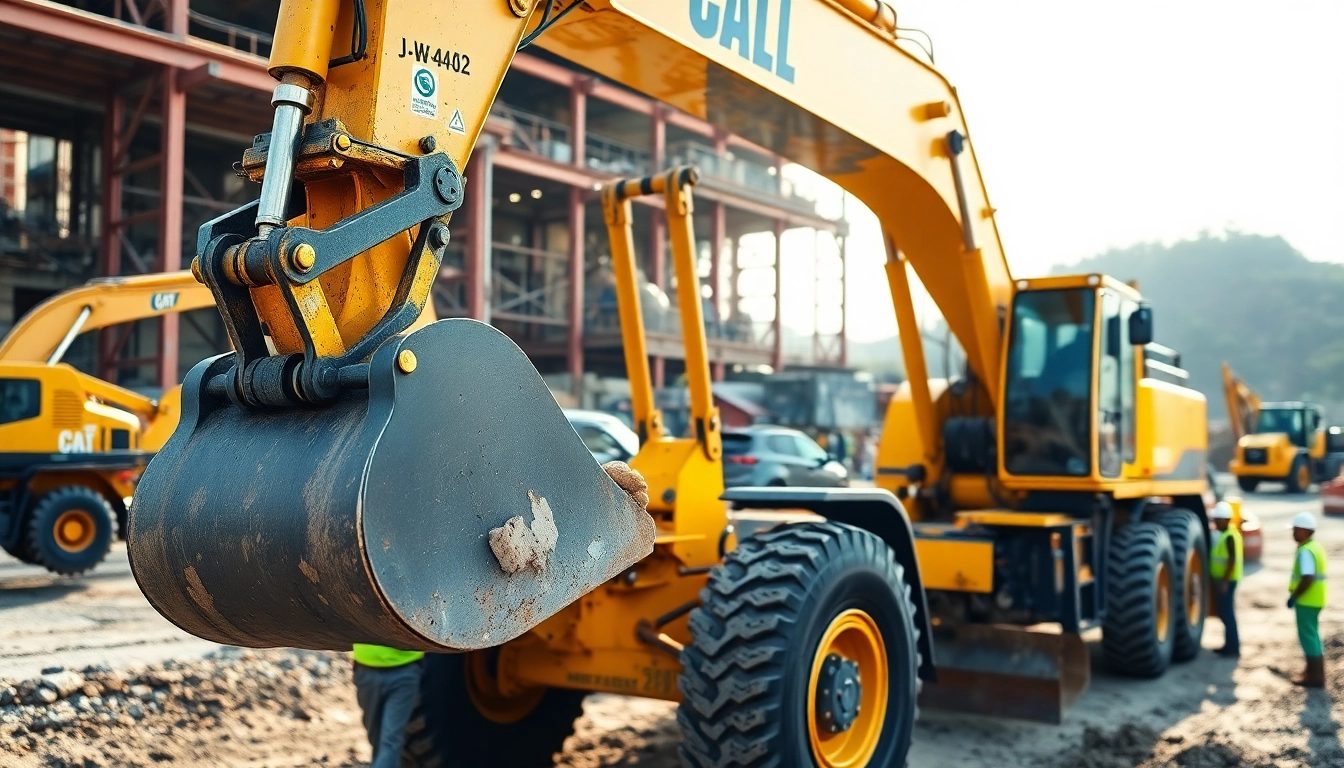 Gradall excavator lifting materials at a construction site with workers around.