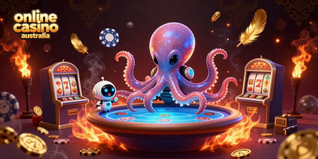 Engaging 3D illustration of an alien octopus at a holographic poker table showcasing an online casino australia theme.