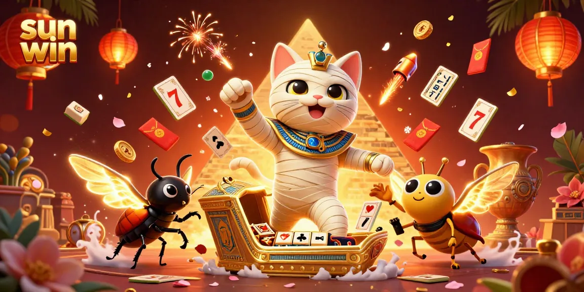 Engage in vibrant casino play with the sun win themed mummy cat and floating game elements.