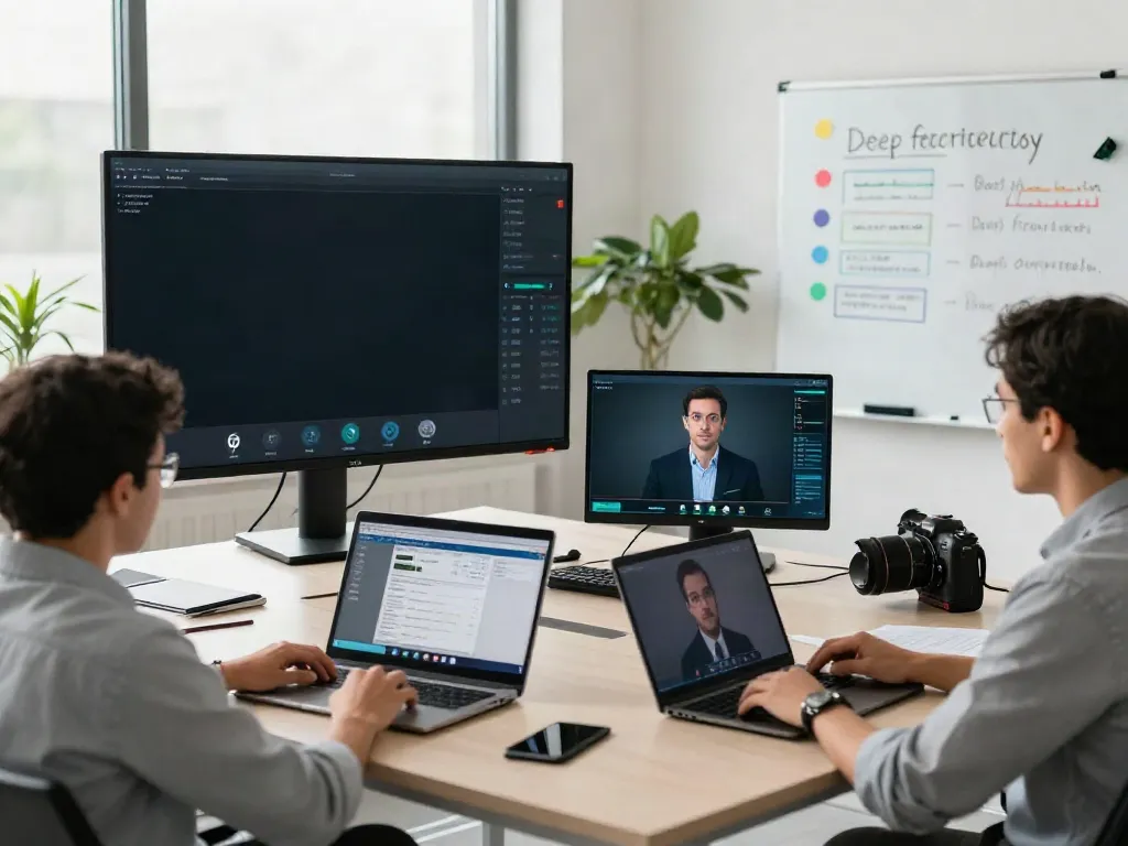 Deepfake protected Conferencing with a diverse team engaged in a virtual meeting showcasing security measures and data analytics.