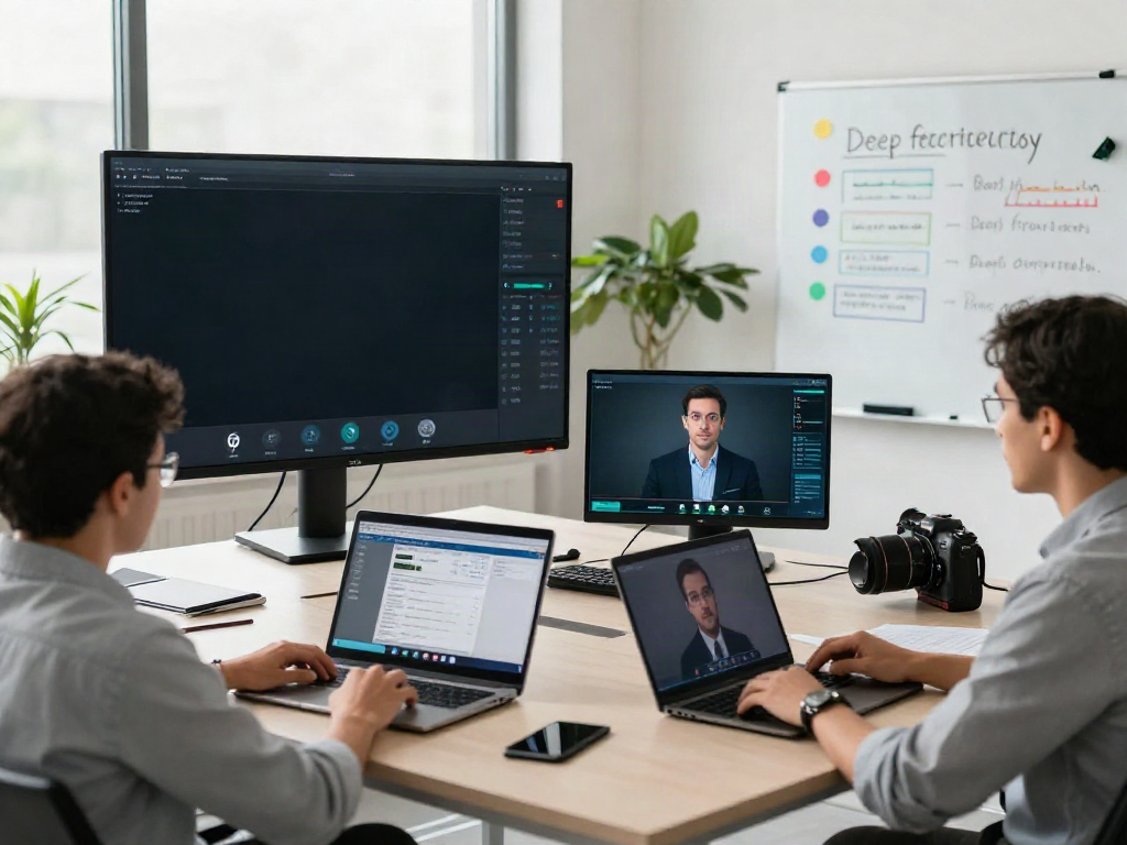 Deepfake protected Conferencing with a diverse team engaged in a virtual meeting showcasing security measures and data analytics.