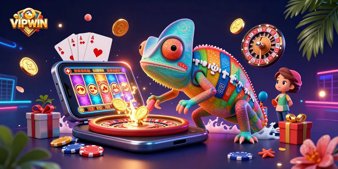 Experience VIPWIN's vibrant casino scene with an enormous chameleon, golden coins, and thrilling games.