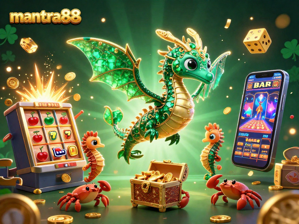 Experience the excitement of mantra88 with vibrant visuals of slot machines and treasure chests.