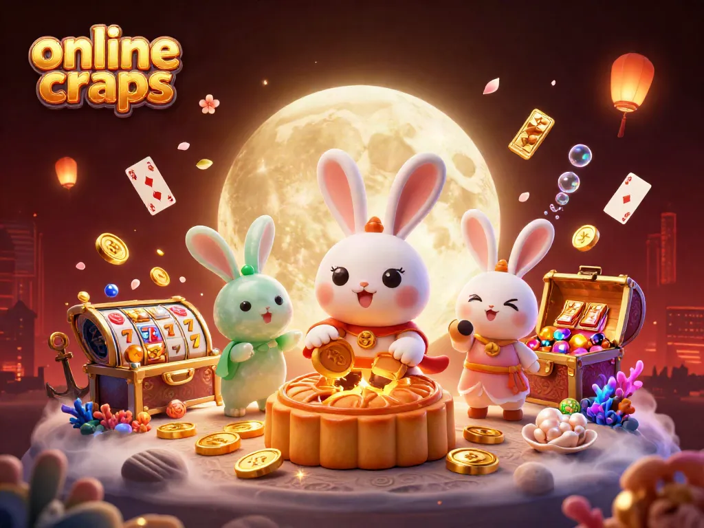 Engage in online craps as a cartoon moon rabbit plays on a vibrant lunar casino scene.