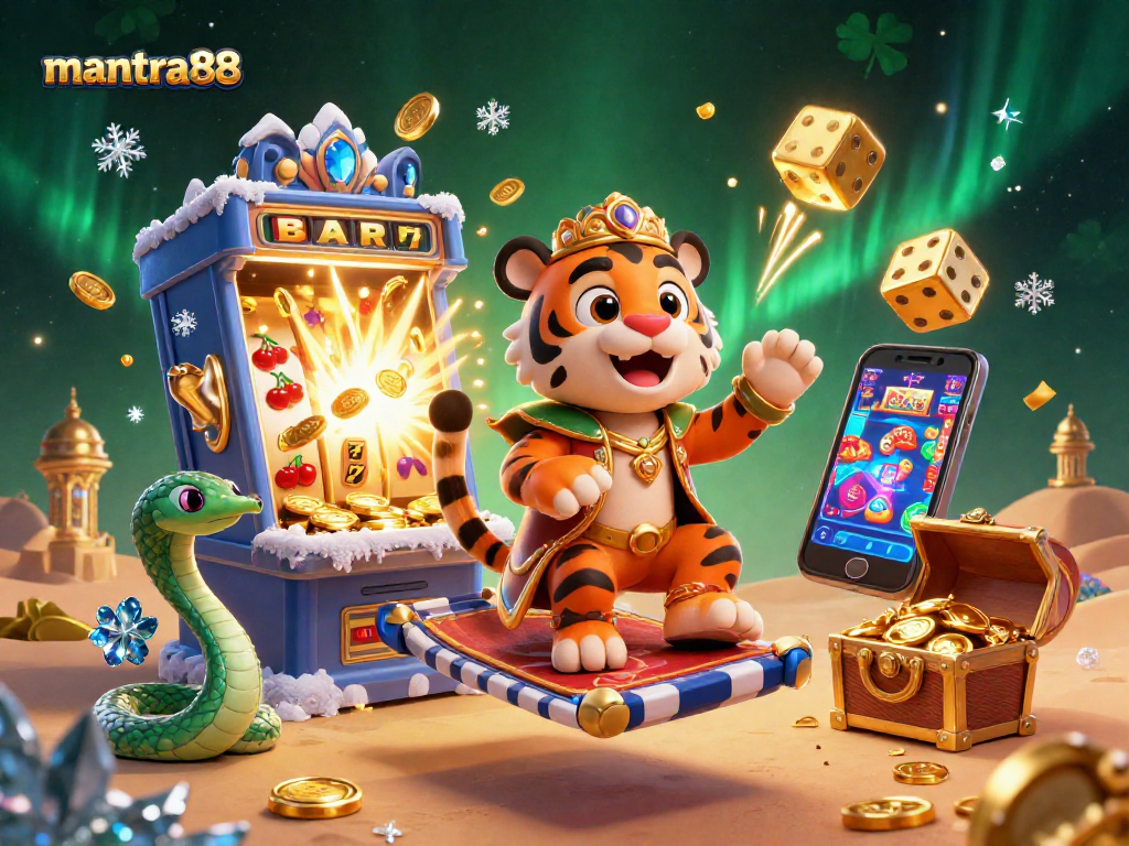 Celebrate big wins at mantra88 with a vibrant slot machine bursting coins and dazzling casino elements.