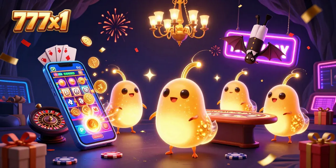 Experience the excitement of 777x1 with glowworms illuminating a vibrant casino scene.