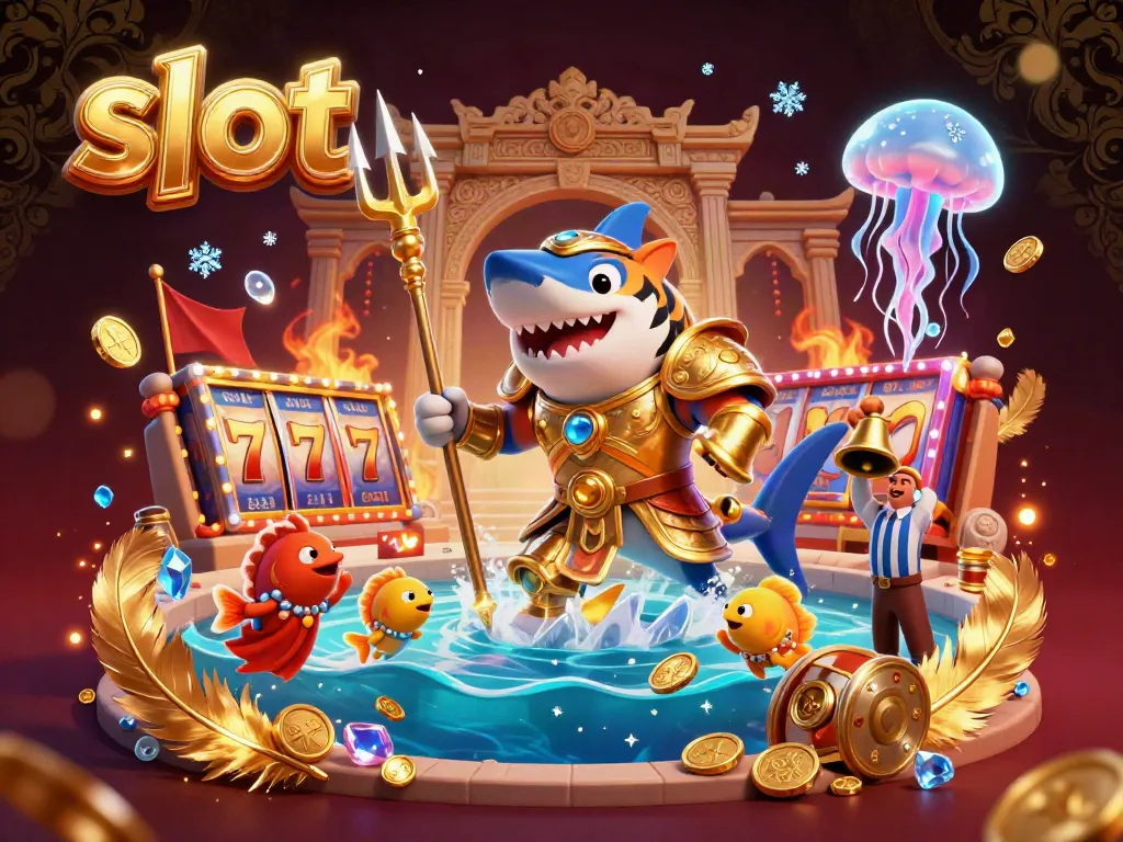 Slot mesin menyenangkan tampil di arena bawah laut, diperlihatkan dengan ikan kecil dan efek berkilau.
