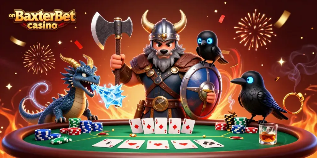 Engage with your luck at on BaxterBet casino, featuring a Viking warrior, dragon, and poker-themed elements.