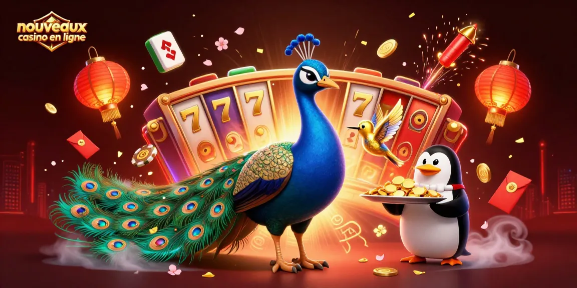 Jouer aux nouveaux casinos en ligne avec un paon aristocratique et un pingouin serveur sous des lanternes dorées.