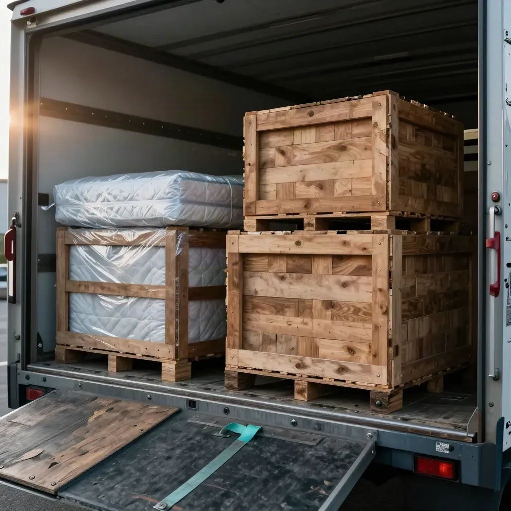 Loaded box truck with strapped crates, wrapped mattress and storage tubs on a ramp
