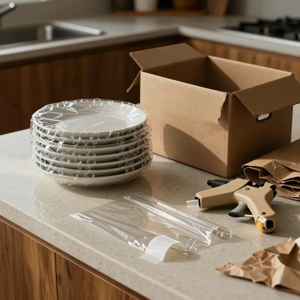 Bubble-wrapped dishes, packing boxes and a tape gun on a travertine kitchen counter.
