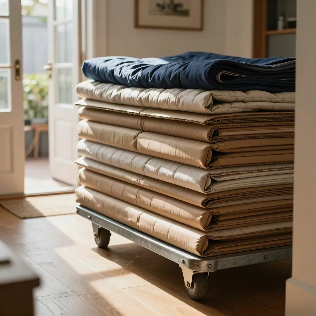 Moving boxes, navy pads and a dolly in a bright townhouse foyer by the open front door.