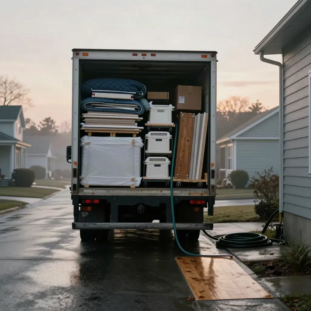 Loaded moving truck at a suburban doorway in dawn rain, boxes and furniture stacked high