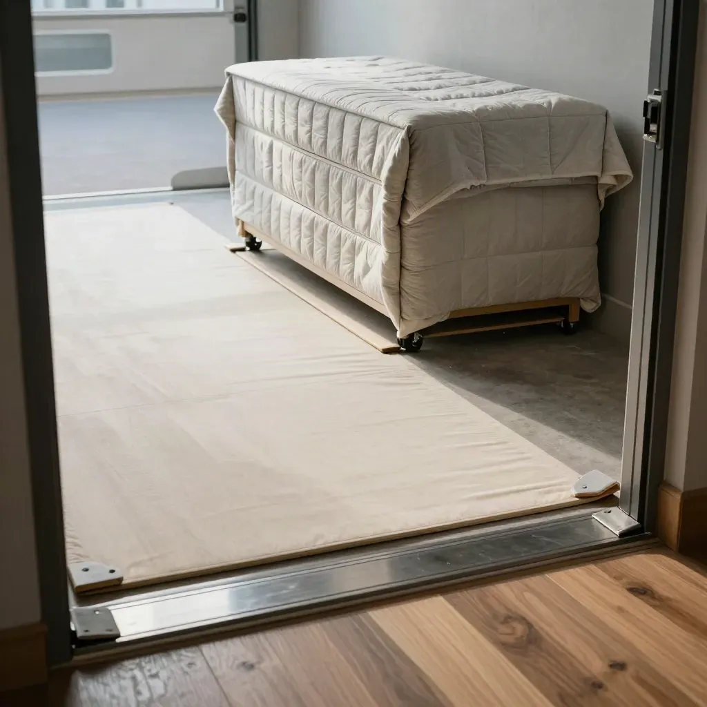Blanket-wrapped dresser, sliders, ramp boards, and runners at a protected doorway.