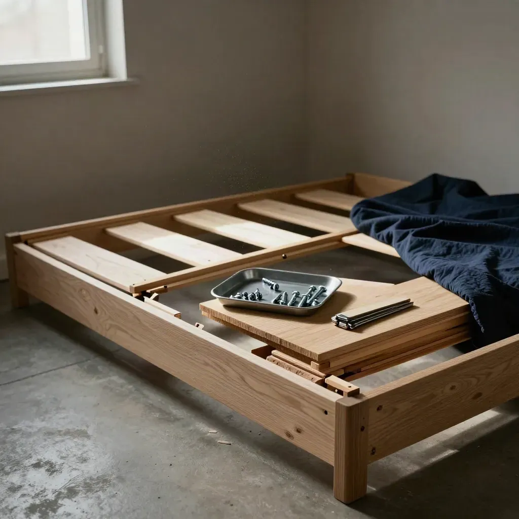 Dismantled platform bed parts neatly sorted in a moody bedroom corner, with tools and dust