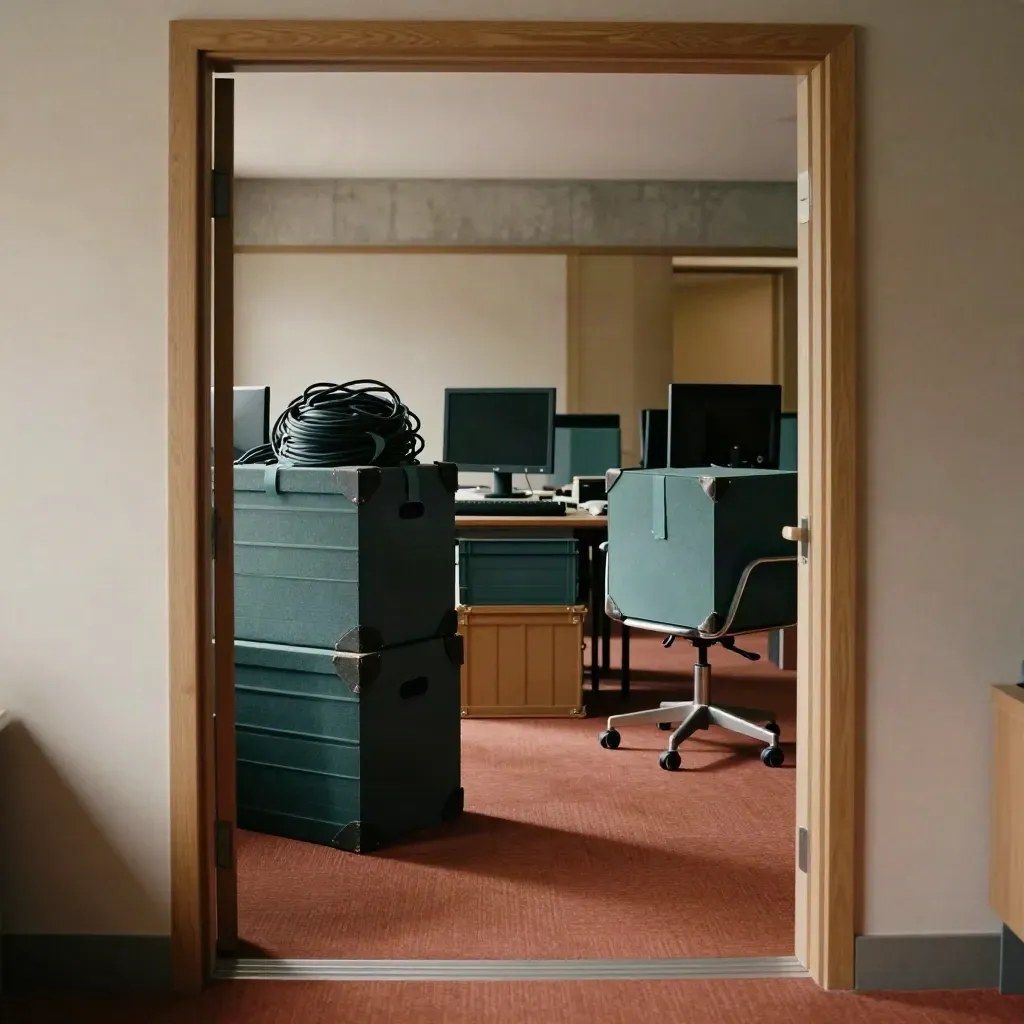 Office relocation gear in a quiet suite: monitors, cables, chair base, and crates by the doorway.