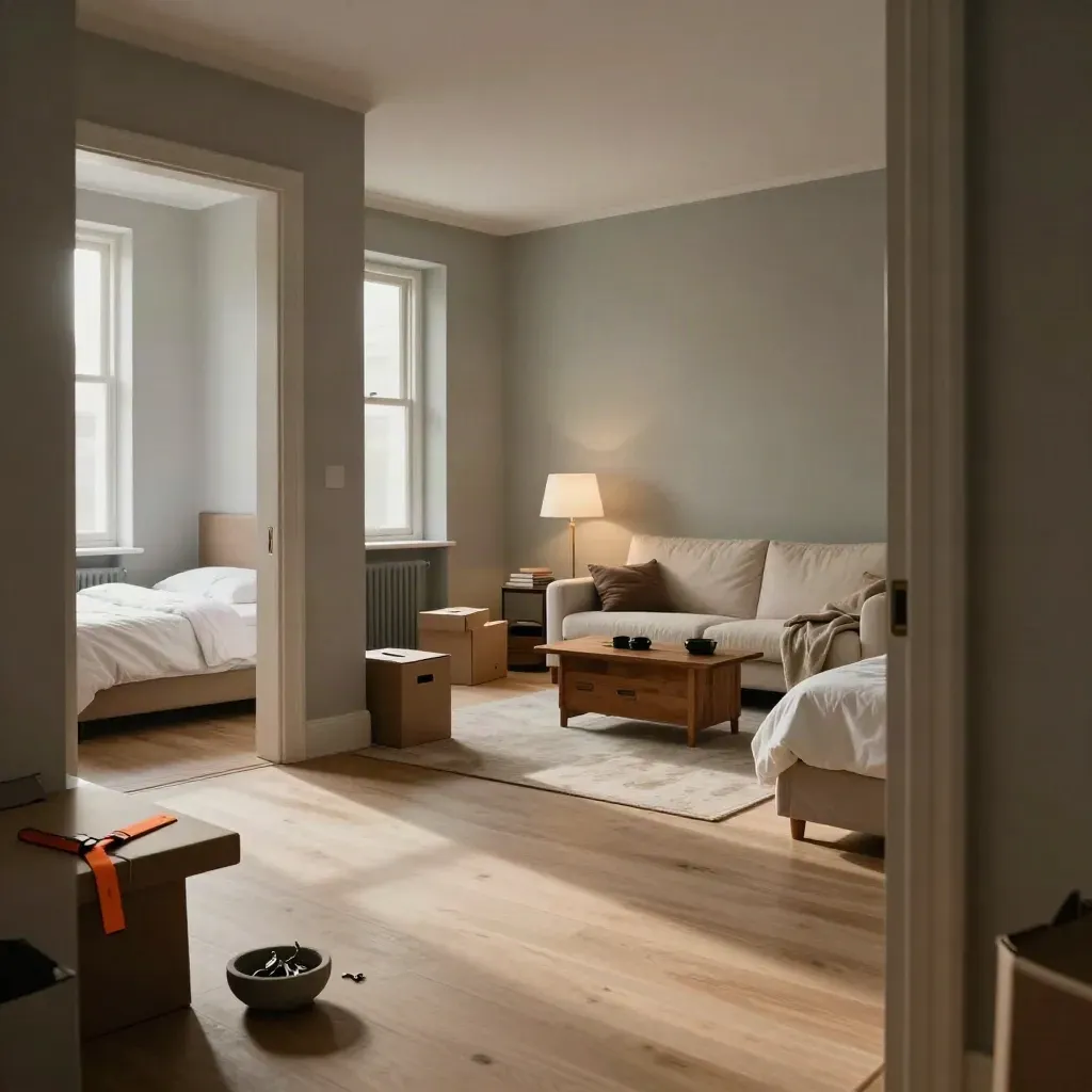Finished two-bedroom apartment after a move, with made beds and a calm living room.