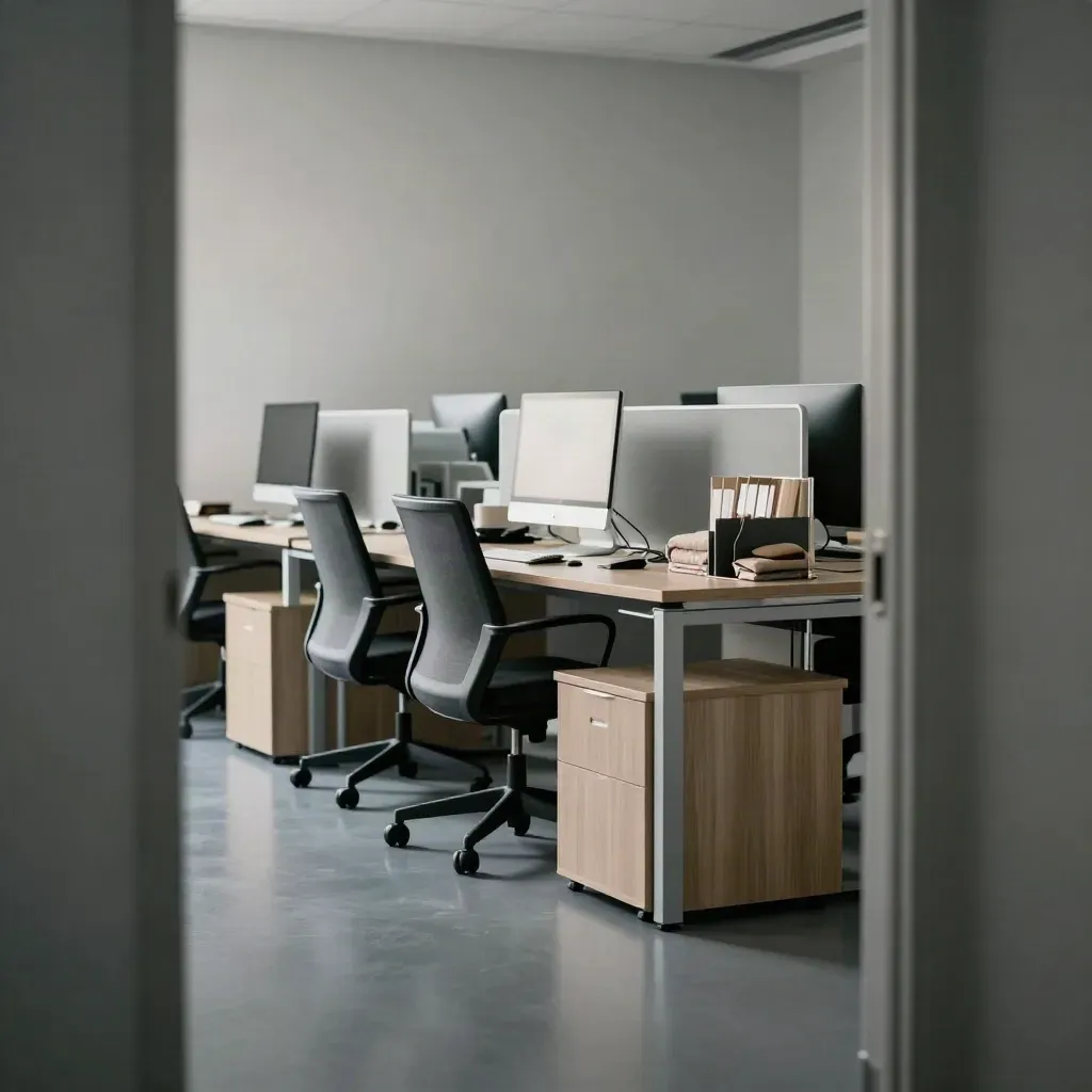 Empty Monday-ready office with aligned desks, white monitors, and soft daylight from the doorway.