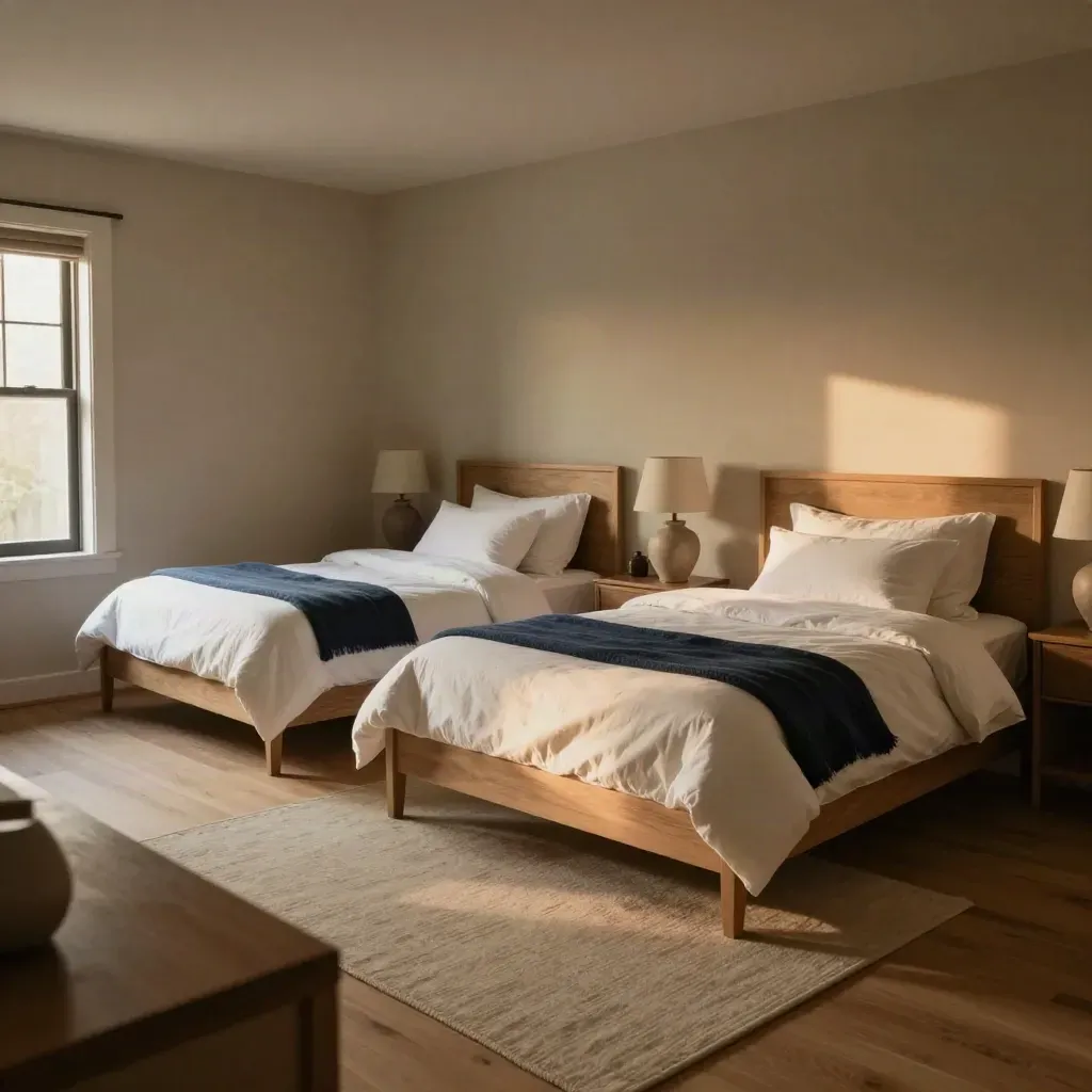 Freshly built family bedroom with made beds and nightstands in a warm new house.