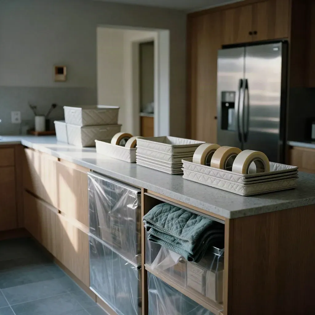 Packed kitchen with wrapped stemware, dish boxes, protected counters, and a closed refrigerator.